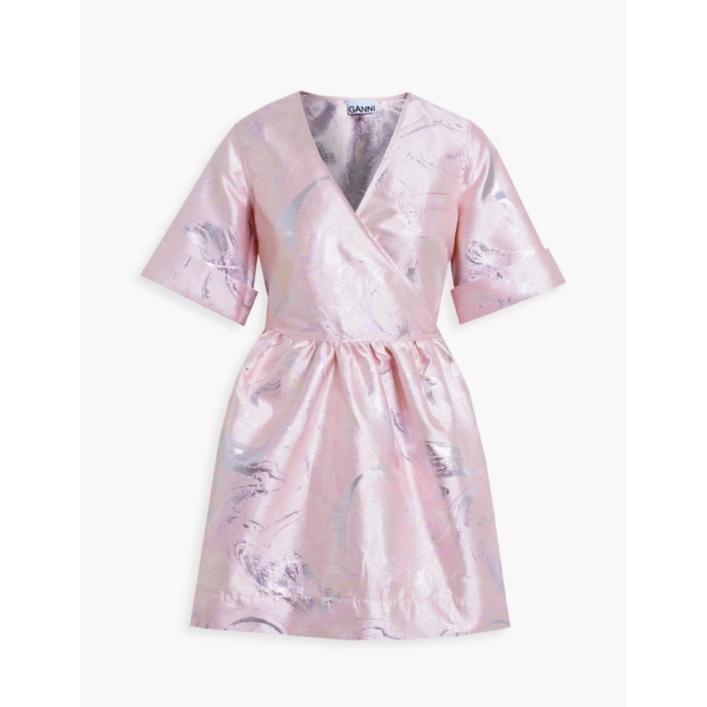 Ganni Metallic Gathered Jacquard Mini Wrap Dress